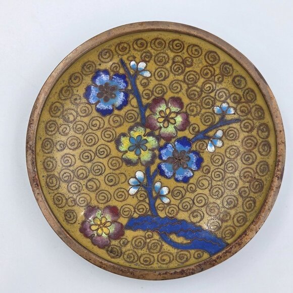 Cloisonné Prunus Brass Trinket Dish Set 3 Plum Blossom Enamel Plates 4″ - Picture 4 of 7